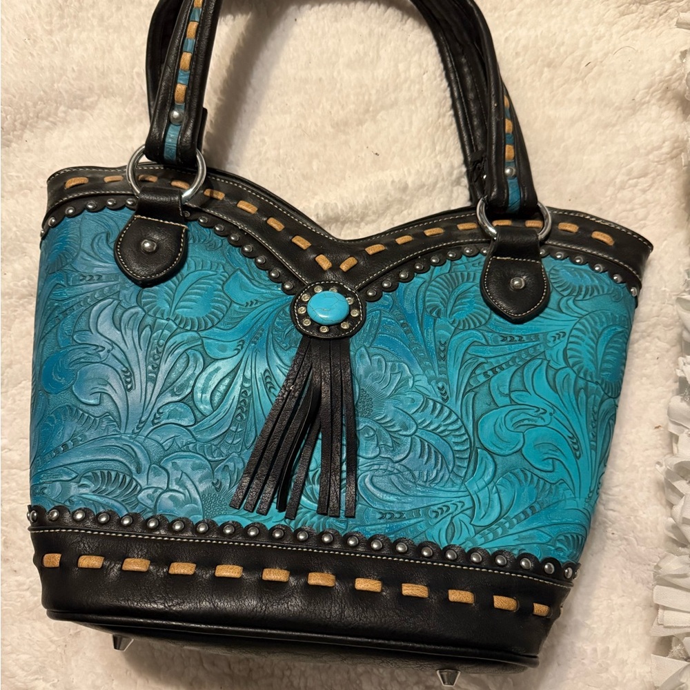 Blue and Black Embossed Shoulder Bag with Floral Design